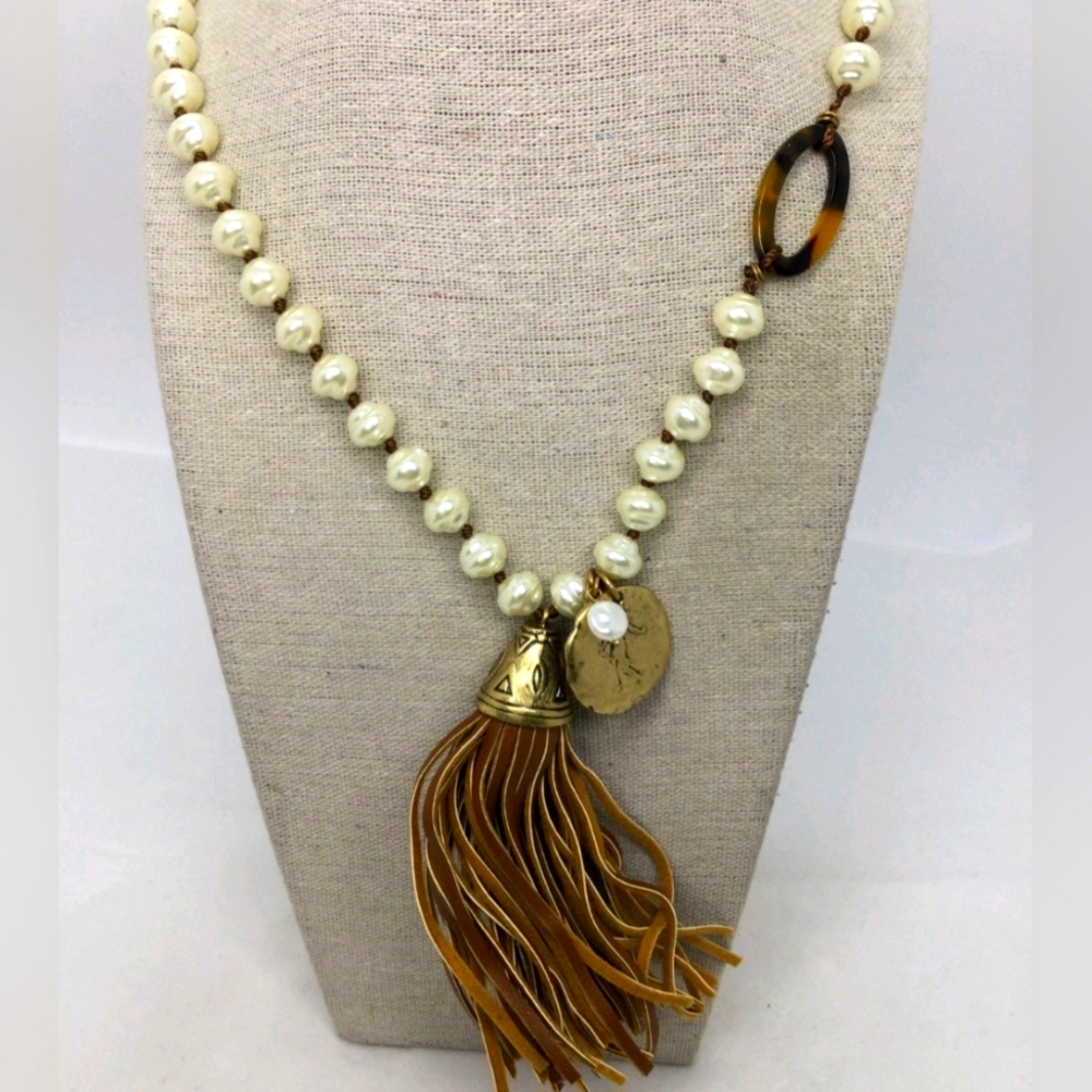 Chico's Gold and White Beaded Necklace with Tassel